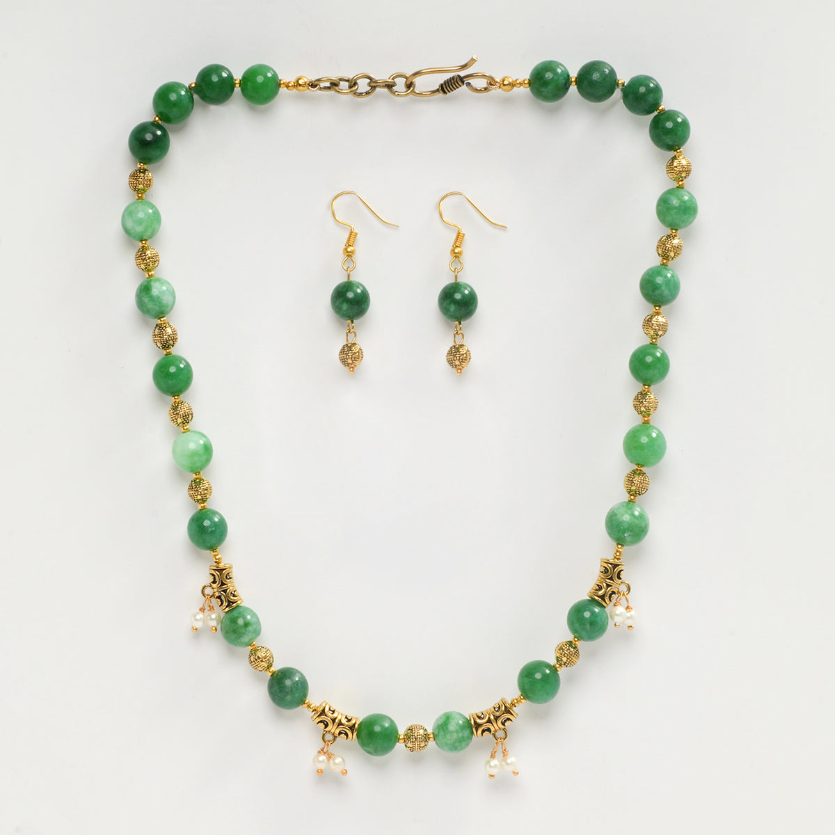 EYKAA GREEN JADE, SHELL PEARLS AND GOLDEN BEADS NECKLACE WITH EARRINGS