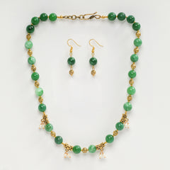 EYKAA GREEN JADE, SHELL PEARLS AND GOLDEN BEADS NECKLACE WITH EARRINGS