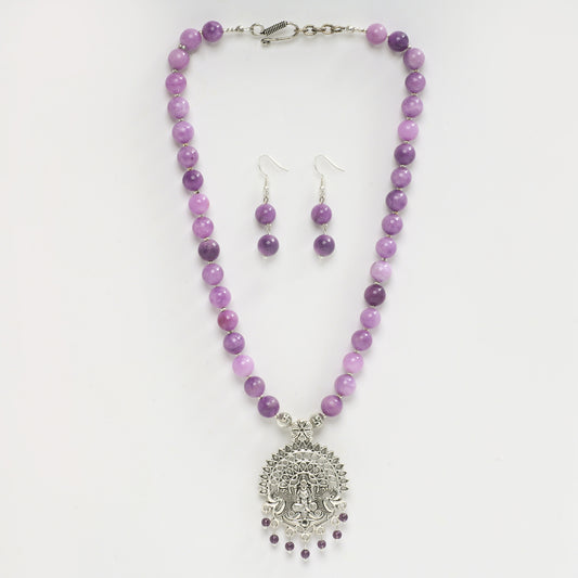 EYKAA PURPLE JADE AND SILVER PENDENT NECKLACE WITH EARRINGS