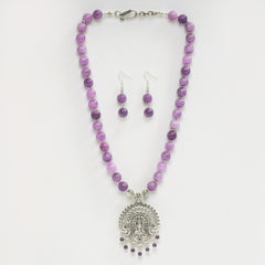 EYKAA PURPLE JADE AND SILVER PENDENT NECKLACE WITH EARRINGS