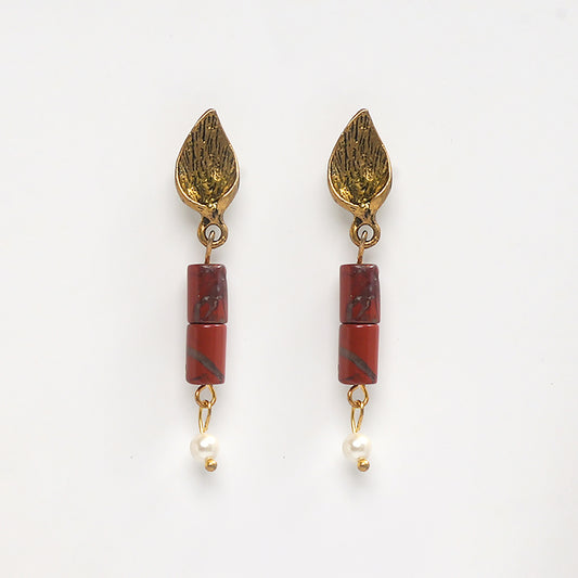 EYKAA RED JASPER AND SHELL PEARLS EARRING