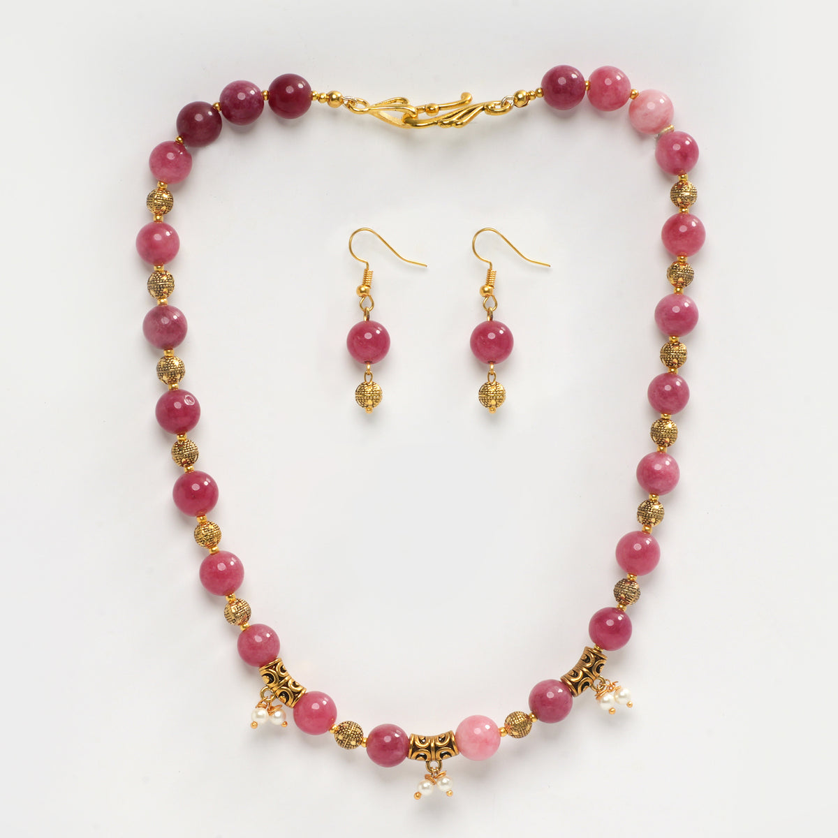 EYKAA PINK JADE AND SHELL PEARL NECKLACE WITH EARRINGS