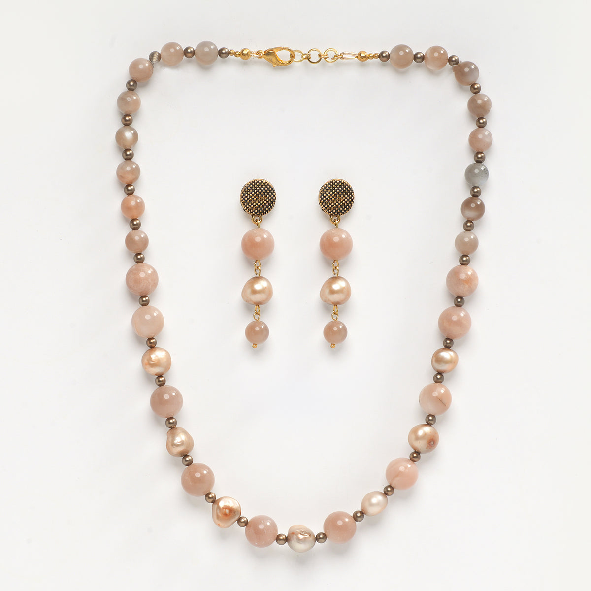 EYKAA PEACH MOONSTONE, FRESHWATER PEARL AND SHELL PEARL NECKLACE WITH EARRINGS