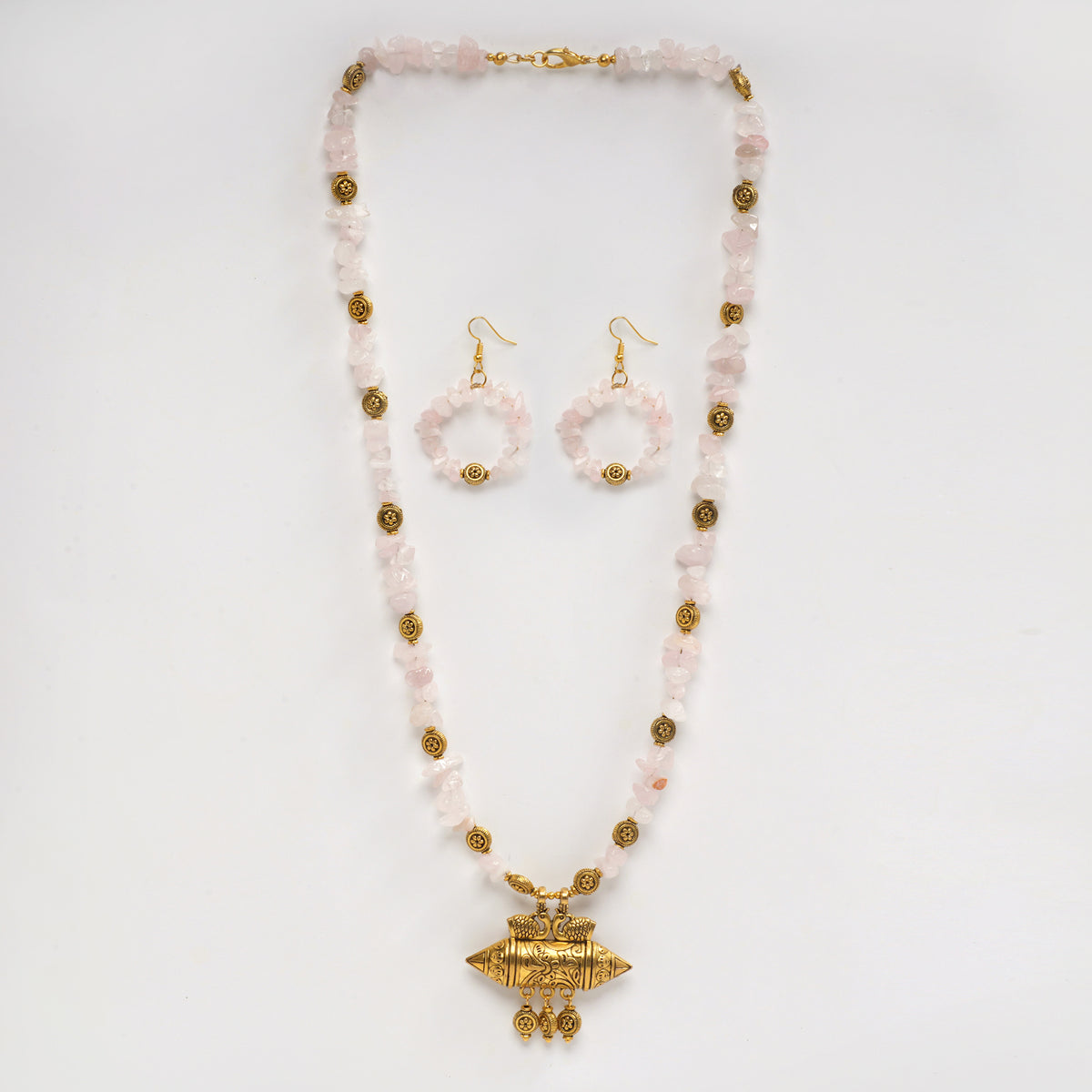 EYKAA UNCUT ROSE QUARTS NECKLACE WITH EARRINGS