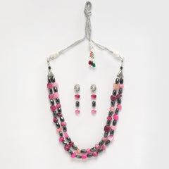 EYKAA PINK AGATE TUMBLE AND HEMATITE LAYERED NECKLACE WITH EARRINGS