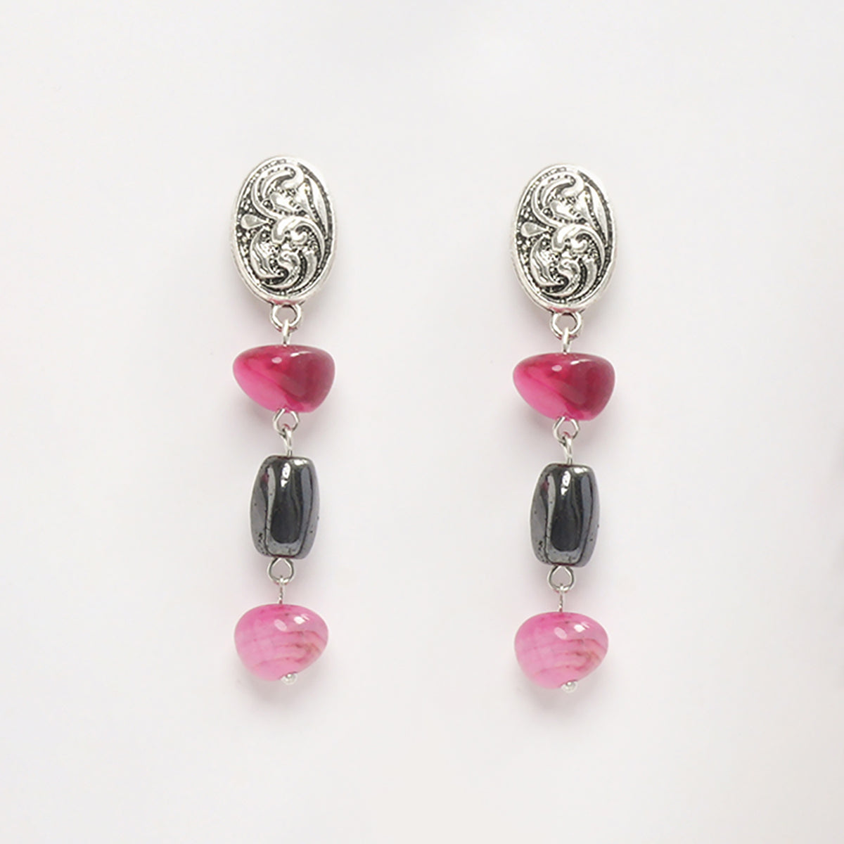 EYKAA PINK AGATE TUMBLE AND HEMATITE EARRINGS