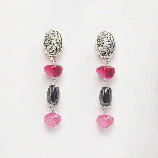 EYKAA PINK AGATE TUMBLE AND HEMATITE EARRINGS