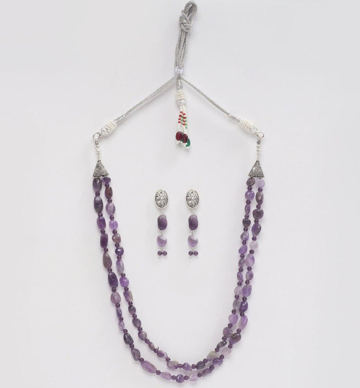 EYKAA AMETHYST TUMBLE LAYERED NECKLACE WITH EARRINGS