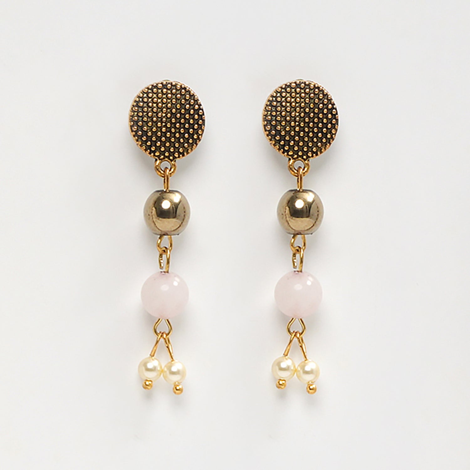 Eykaa Layered Hematite, Rose Quartz, Freshwater Pearl, And Shell Pearl Earrings On A White Background.