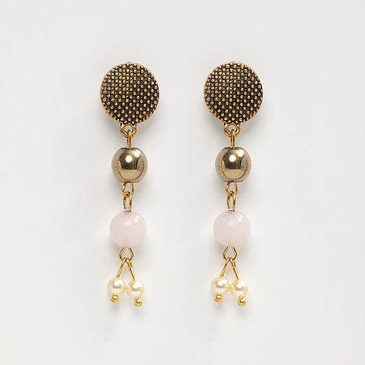 Eykaa Layered Hematite, Rose Quartz, Freshwater Pearl, And Shell Pearl Earrings On A White Background.