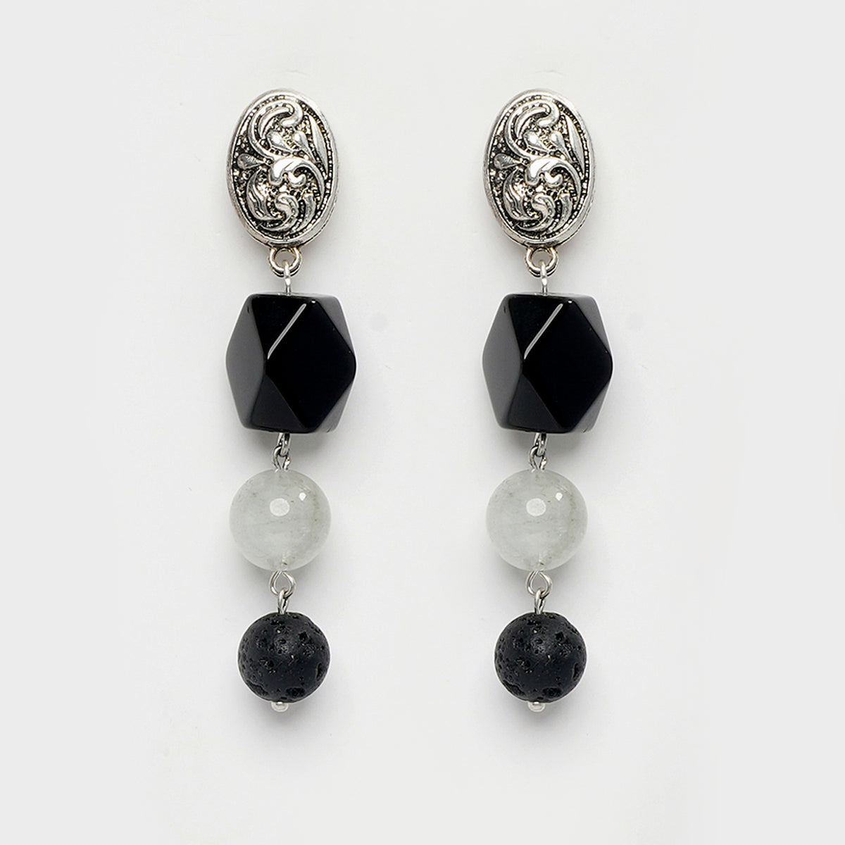 EYKAA AQUAMARINE, LAVA AND BLACK ONYX EARRING