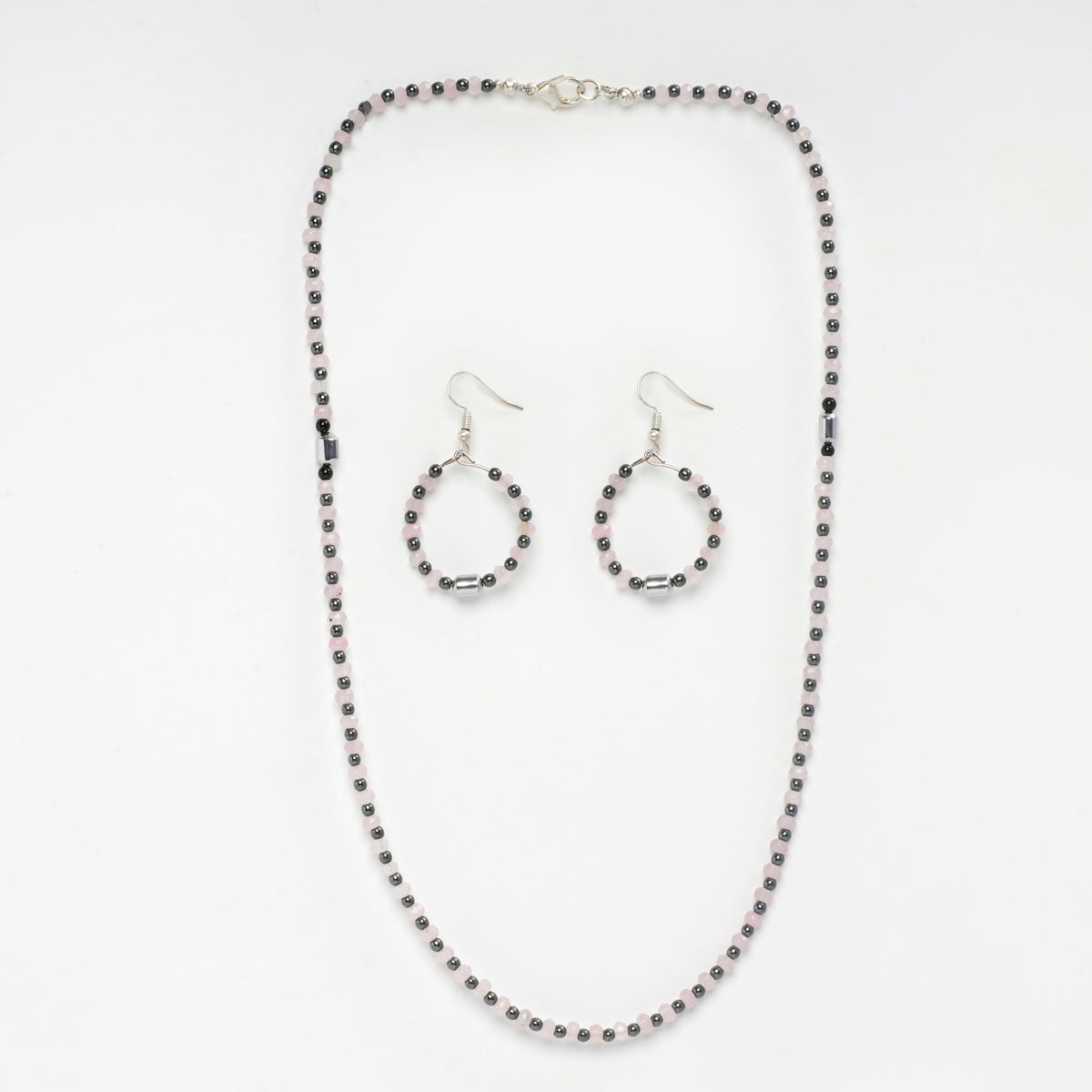 EYKAA HEMATITE WITH LIGHT PINK JADE 3 MM NECKLACE WITH EARRINGS 20 INCH LENGTH 