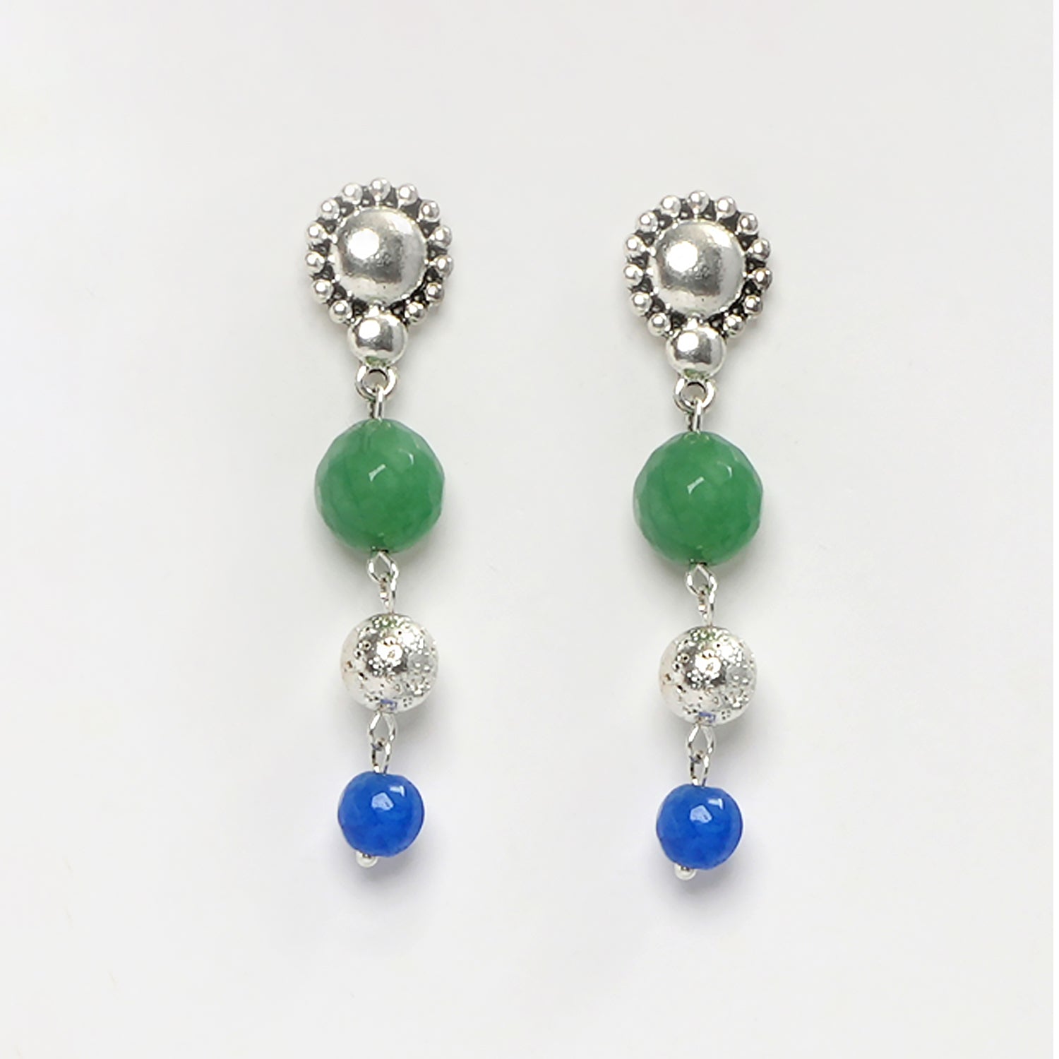 BLUE AND GREEN JADE WITH SILVER PENDANT SILVER BEADS EARRINGS