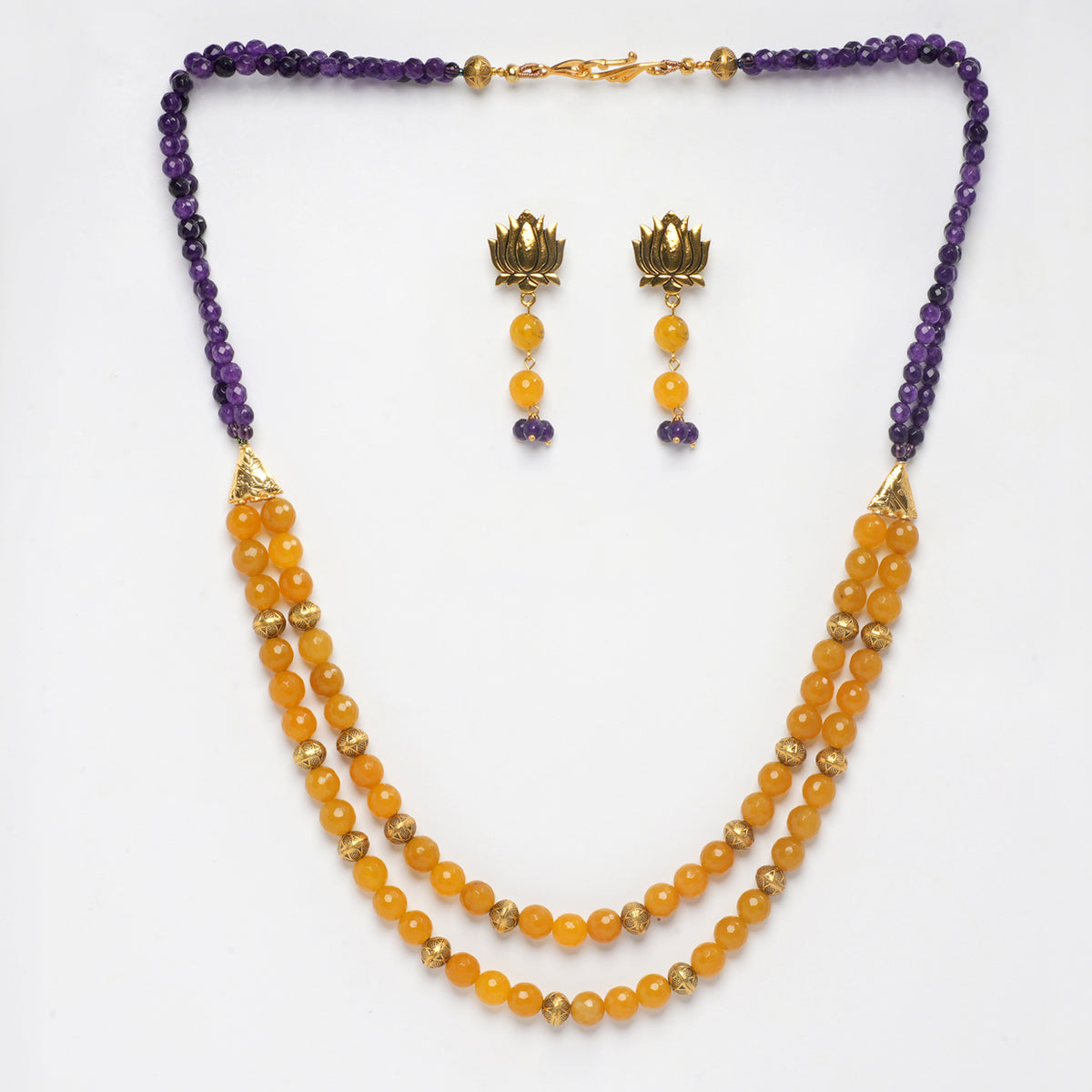 EYKAA YELLOW AND PURPLE JADE NECKLACE WITH EARRINGS