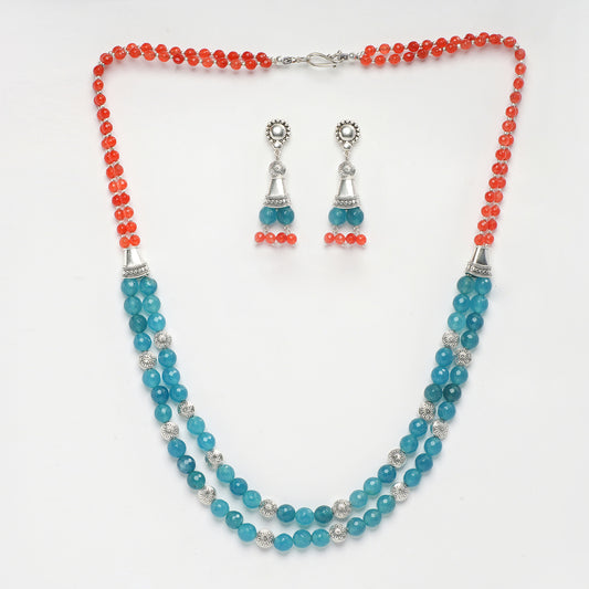 EYKAA BLUE AND ORANGE FACETED JADE NECKLACE WITH EARRINGS