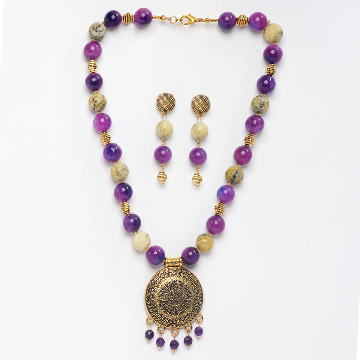 EYKAA SERPENTINE AND PURPLE JADE NECKLACE WITH EARRINGS