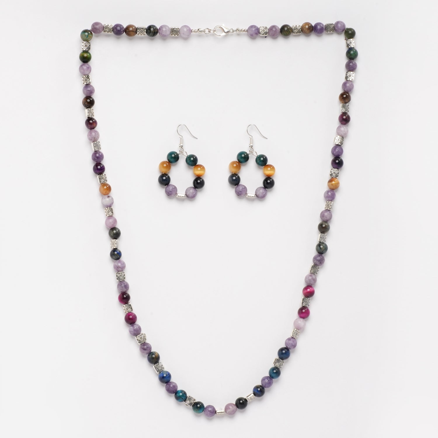 Eykaa  LAPIDOLITE AND RAINBOW TIGER EYE NECKLACE WITH EARRINGS