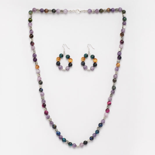 Eykaa  LAPIDOLITE AND RAINBOW TIGER EYE NECKLACE WITH EARRINGS