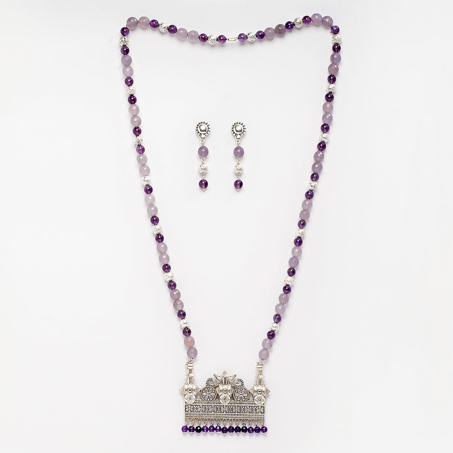 PURPLE FACETED JADE NECKLACE WITH EARRINGS