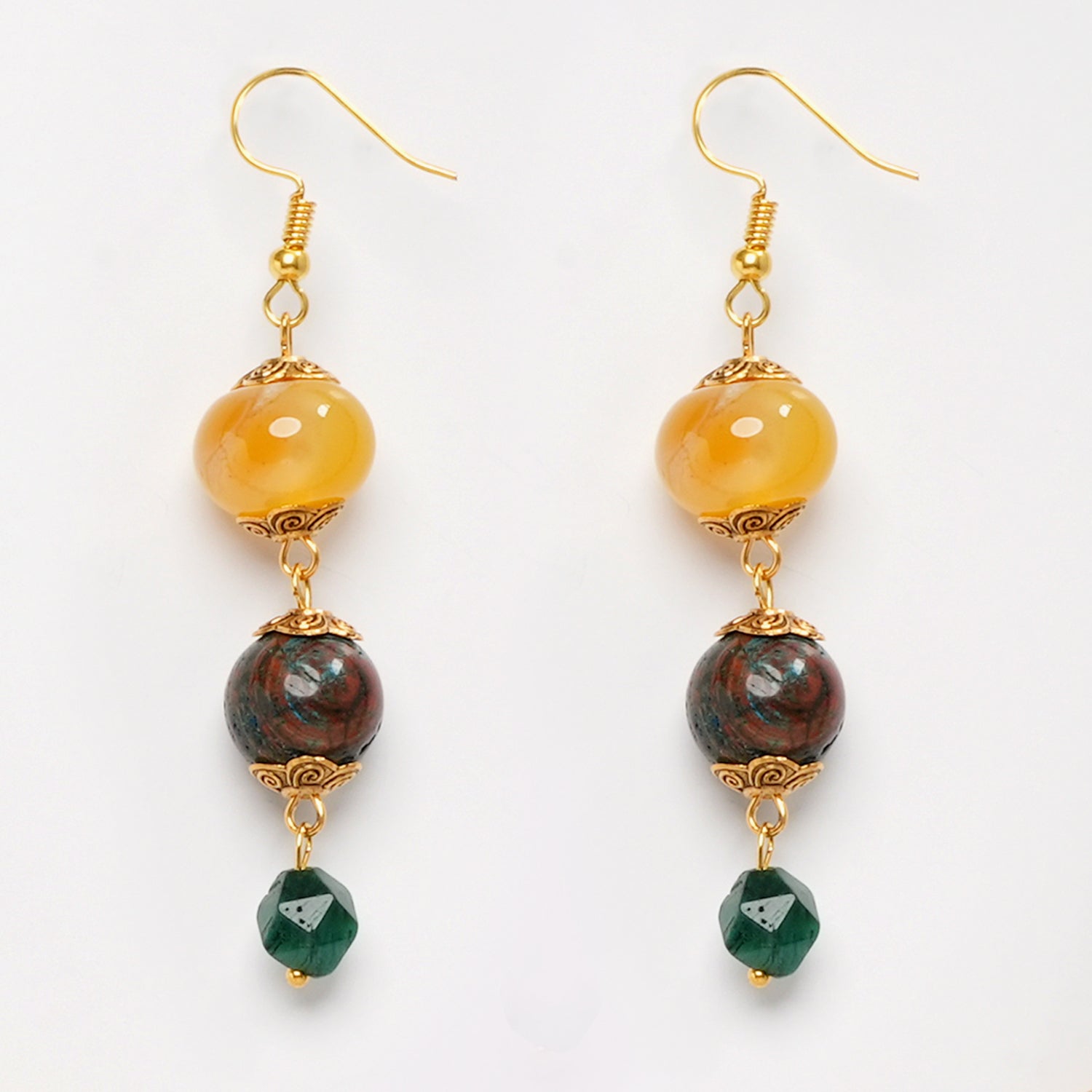 EYKAA GREEN FACETED TIGER EYE , CHRYSOCOLLA WITH AGATE EARRINGS