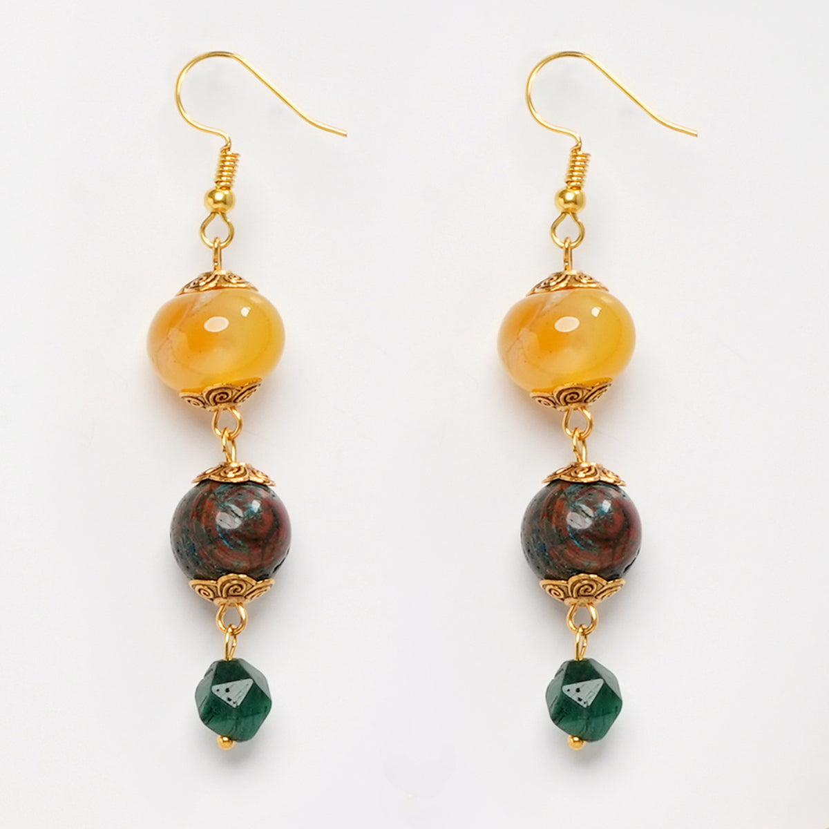 EYKAA GREEN FACETED TIGER EYE , CHRYSOCOLLA WITH AGATE EARRINGS