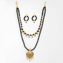 EYKAA BLACK FACETED JADE LAYERED NECKLACE WITH EARRINGS