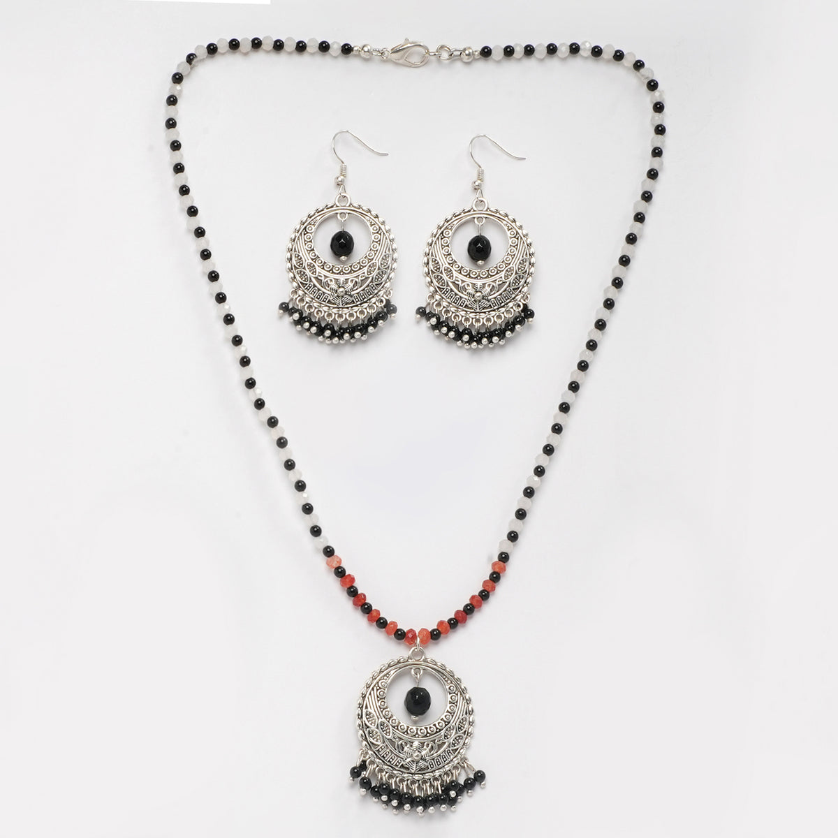 EYKAA BLACK ONYX, WHITE AND RED JADE NECKLACE WITH EARRINGS