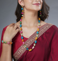 Eykaa Radiant Bliss: Multicolor Indian Agate Necklace With Earrings Set