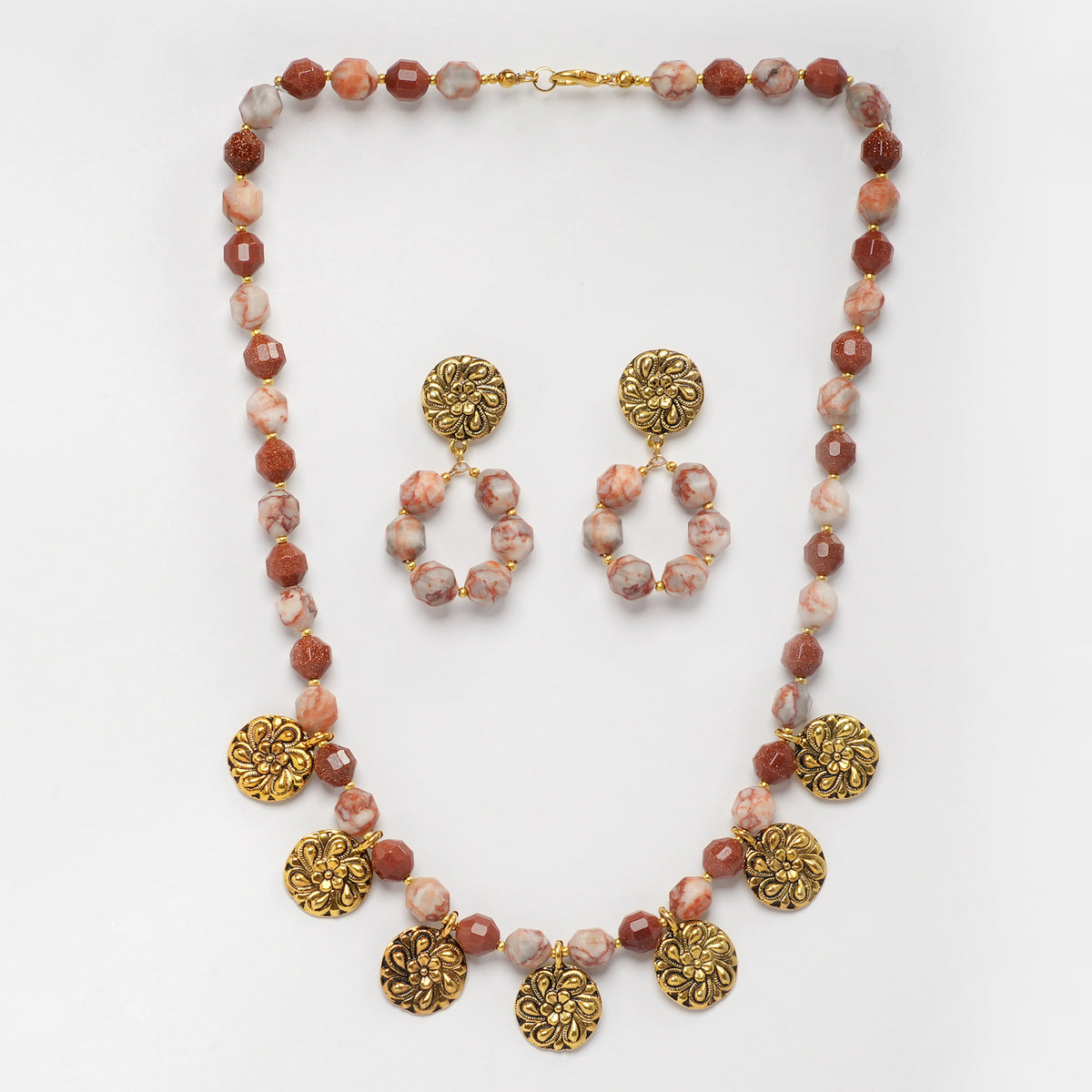 EYKAA MEAT JASPER AND RED SENDSTONE NECKLACE WITH EARRINGS