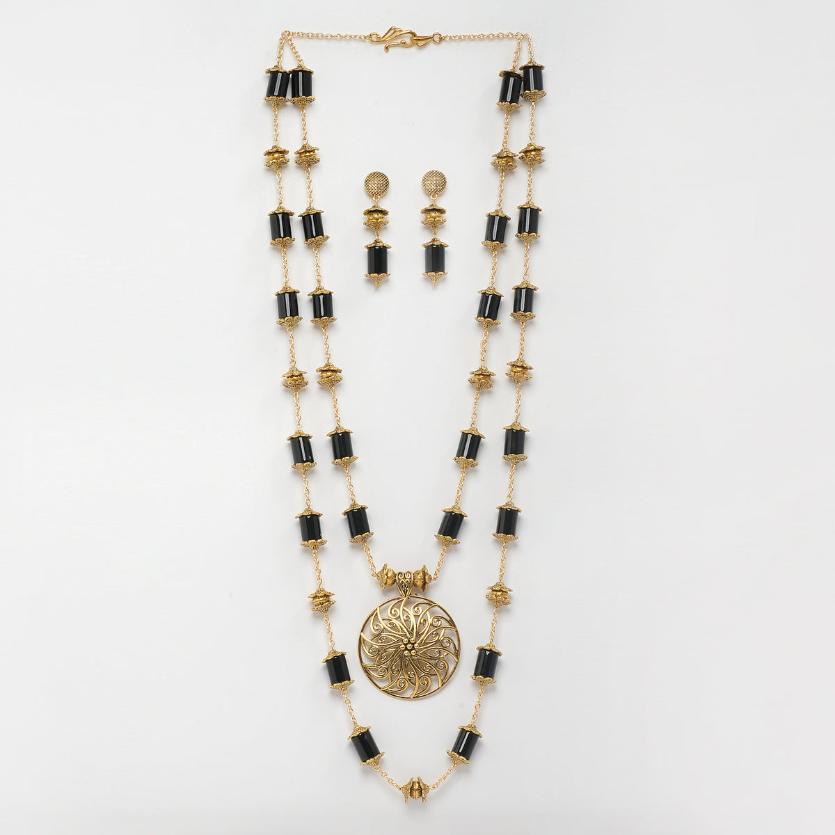 EYKAA GOLDEN CHAIN WITH BLACK ONYX TUBE AND GOLDEN PENDANT DOUBLE LAYERED NECKLACE WITH GOLDEN CHANCE AND EARRINGS