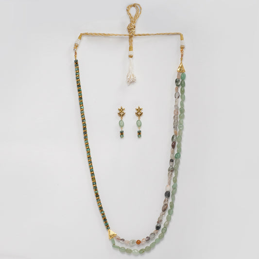 EYKAA GREEN AVENTURINE, DALMATIAN, GOLDEN HEMATITE AND JADE NECKLACE WITH EARRINGS