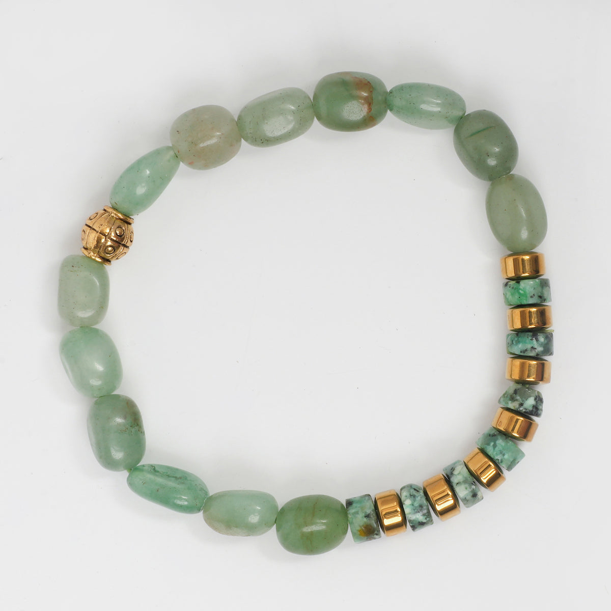 EYKAA GREEN AVENTURINE, FLUORITE AND GOLDEN HEMATITE BRACELET