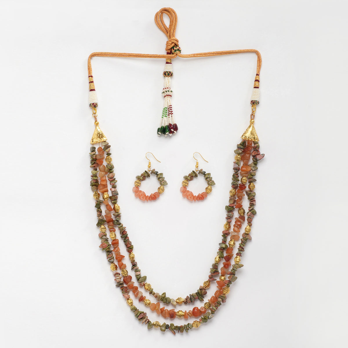 EYKAA UNAKITE AND ORANGE AVENTURINE THREE LAYER NECKLACE AND EARRINGS