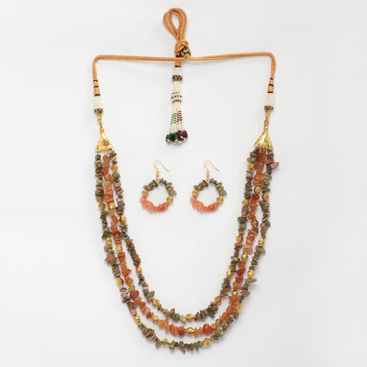 EYKAA UNAKITE AND ORANGE AVENTURINE THREE LAYER NECKLACE AND EARRINGS