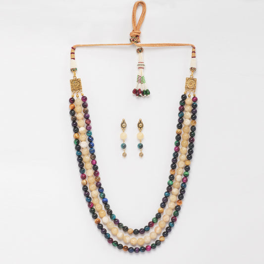 EYKAA YELLOW CALCITE AND MULTI-COLOUR TIGER EYE LAYERED NECKLACE WITH EARRINGS