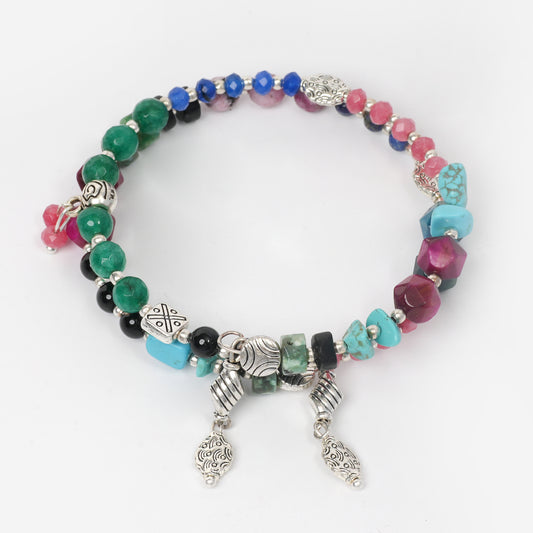 EYKAA PINK TIGER, EYE FIROZA, DALMATIAN, LAPIS LAZULI, ONYX, GREEN JADE, BLUE TIGER EYE, AND PINK TIGER EYES FREE SIZE BRACELET