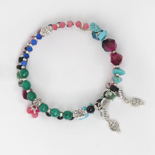 EYKAA PINK TIGER, EYE FIROZA, DALMATIAN, LAPIS LAZULI, ONYX, GREEN JADE, BLUE TIGER EYE, AND PINK TIGER EYES FREE SIZE BRACELET