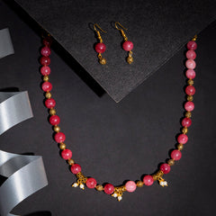 EYKAA PINK JADE AND GOLDEN BEAD EARRINGS